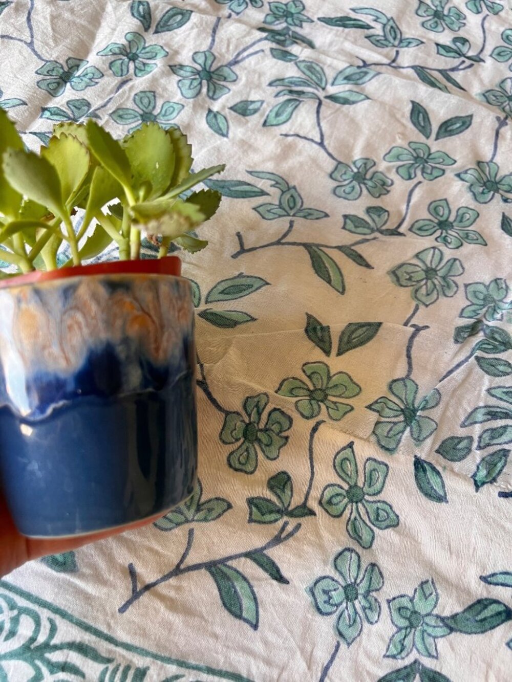 Fabindia Silk Cotton Tablecloth Blue & Green Floral Pattern 84x40 & 9" Drop Boho - Picture 5 of 11